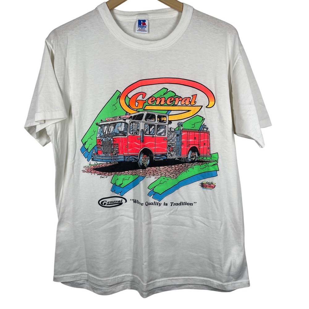 Vintage General Safety Spartan Fire Truck Graphic T-Shirt White Mens Large